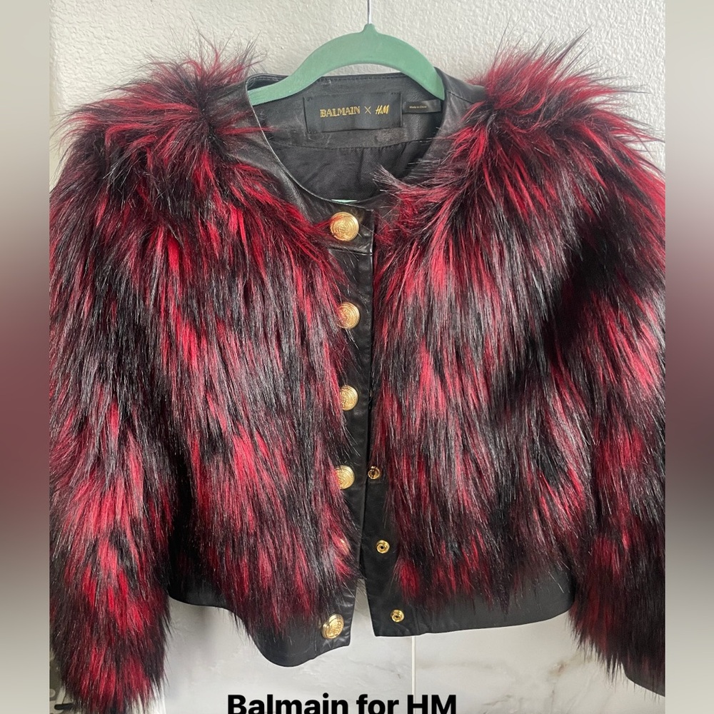 Balmain x H&M red and black faux fur and leather cropped coat with gold buttons